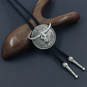 Vintage Western Bull Head Skull Bolo Tie For Men Alloy Pendant Black Braided Rope Necklace Retro Cowboy Accessory