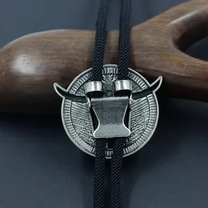 Retro bull head bolo tie for men with vintage silver alloy pendant and black woven cord