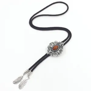 Vintage Western Cowboy Bolostropdas Legering Bloemhanger Met Ingelegde Hars Edelsteen Gevlochten Nylonsnoer Voor Vrouwen Mannen Feest