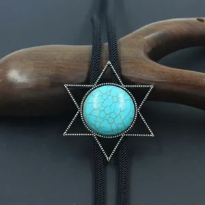 Cravate Bolo vintage avec pendentif étoile hexagramme argenté et pierre turquoise
