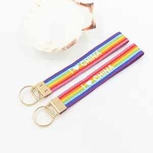 Detail of rainbow striped wrist strap with I Love China embroidery and gold hardware