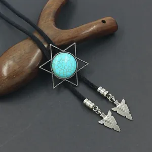 Cravate bolo western vintage avec pendentif étoile hexagramme et cordon tressé