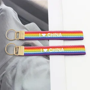 Rainbow striped woven keychain with I Love China embroidery and gold metal hardware