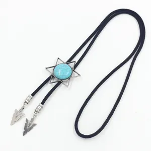 Cravate Bolo vintage avec pendentif étoile hexagonale et turquoise sur cordon noir