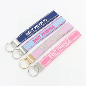 Colorful BEST FRIENDS embroidered jacquard wristlet keychains with premium metal ring clips