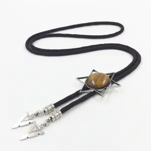 Cravate bolo vintage avec pendentif étoile hexagramme argentée et pierre oeil de tigre