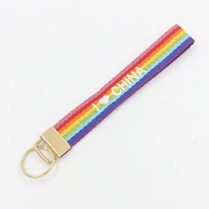 Rainbow striped woven keychain featuring I Love China embroidery and gold metal clip