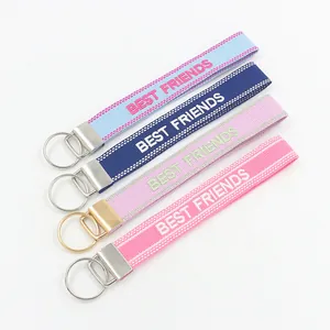 Detail of colorful jacquard wristlet keychains with Best Friends embroidery and metal rings