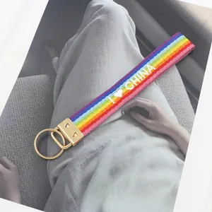 Rainbow striped lanyard keychain with embroidered I Heart China letters and gold metal clip