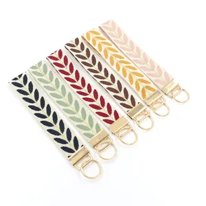 Etnische Stijl Blad Borduurwerk Polyester Sleutelhanger Polsband Voor Dames Boheemse Stoffen Band Sleutelring Tas Hanger Accessoire