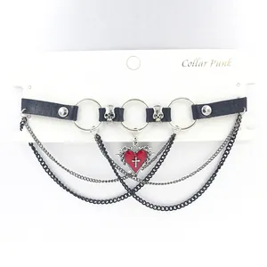 Punk leather choker featuring a red heart pendant with cross and multi-layer chains