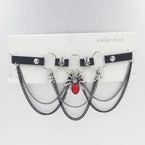 Punk leather choker necklace with silver skull and red gemstone spider pendants