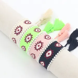 Boho Woven Evil Eye Bracelet With Faux Artificial Pearl Edge Embroidery Tassel Adjustable Ethnic Friendship Bracelet For Women Jewelry Gift