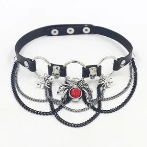 Gothic Punk Choker Necklace For Women Halloween Spider Skull Pendant Multi Layer Metal Chain PU Leather Collar Jewelry