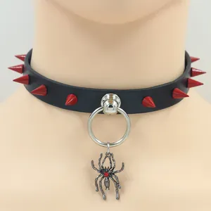 Punk style red spike rivet leather choker featuring a silver ring and black spider pendant