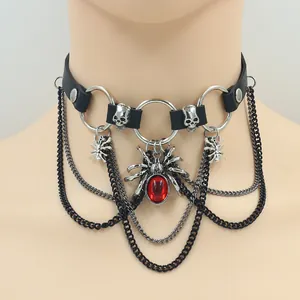 Gothic punk choker with large silver spider pendant, red gemstone and layered chains