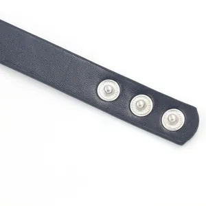 Detail of black leather collar with three silver metal snap buttons and lychee texture