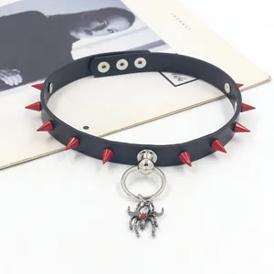 Punk Gothic PU Leather Choker Necklace With Red Spikes Rivets Metal O-Ring And Spider Pendant For Women Halloween Costume Jewelry