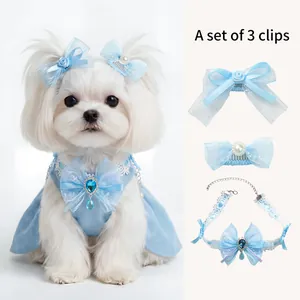 Blue lace pet collar and bow clips set with faux pearls and waterdrop gems