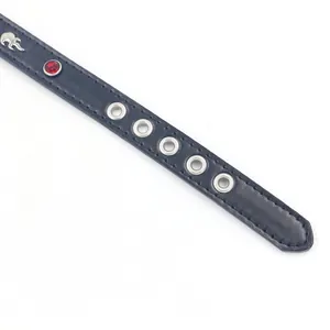 Edgy black leather choker necklace with red rivets and silver metal flame accents