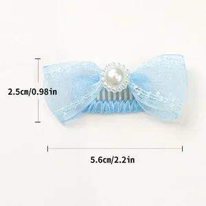 Blue organza pet bow with pearl center and fine-toothed comb, size 2.2x0.98 inches