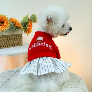 Adorabile Abito Per Cani Gatti Rosso Con Fiocco Pizzo Künstliche Perle Ricamo Patchwork A Righe Vestiti Caldi Per Animali Domestici