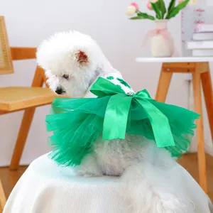 St Patricks Day Pet Dress For Dogs Cats Green Shamrock Embroidery Tutu Skirt With Satin Bow Rhinestone Small Pet Holiday Apparel