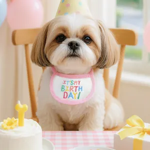 Pink dog birthday bib and yellow polka dot hat set with IT'S MY BIRTHDAY embroidery