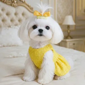 Robe jaune en tweed pour animaux et pince à cheveux à nœud pour petits chiens et chiots