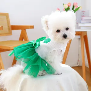 Dog St. Patrick's Day tutu dress with clover embroidery and green mesh skirt