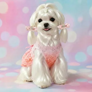 Detail van roze kant huisdierjurk met verloop en strass strik haarclips op een witte hond
