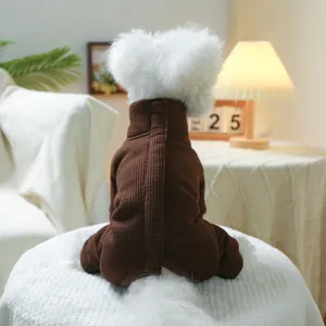 Detail of dark brown waffle knit pet jumpsuit with high collar for small dogs