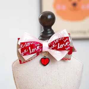 Détail du nœud papillon pour animal avec imprimé love et pendentif cœur émaillé rouge