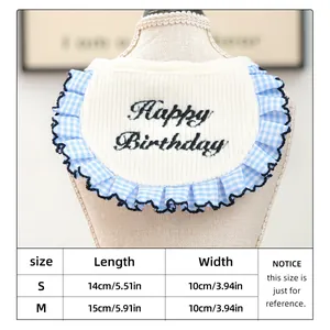 Size chart showing S and M dimensions for pet birthday bib with blue plaid lace trim