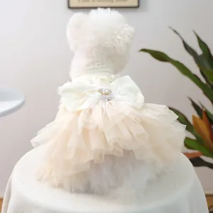Elegant Pet Wedding Dress For Small Dogs Cats Luxury Lace Mesh Tutu Skirt With Large Bow Rhinestone Feather Puppy Princess Party Apparel