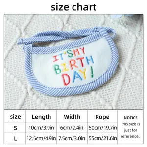 Detailed size chart for blue checkered pet birthday bib showing S and L dimensions