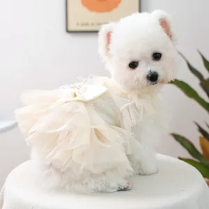 Elegant off-white pet wedding dress with multilayer tulle skirt and large bow decor