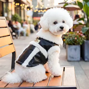 Fleece lined black faux leather pet vest with D-ring for small dogs and cats
