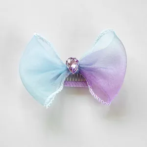 Detail van blauw-paarse haarclip voor huisdieren met hartkristal en zijden lint