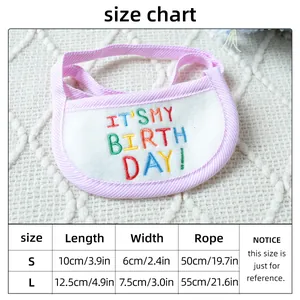 Detailed size guide for blue plaid pet bib with birthday embroidery and lace trim