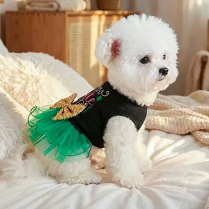 Cute pet dress for small dogs featuring black knit top and green mesh tutu skirt
