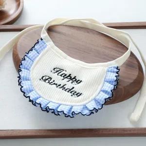 Happy Birthday pet bandana with blue plaid ruffles and embroidery for dogs and cats