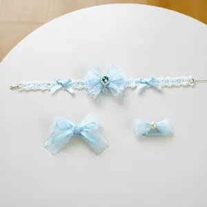 Blue Lolita style pet accessory set with lace choker and pearl bow clips on white stage