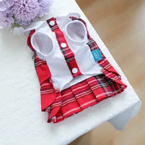 Détail d'une robe pour chien à carreaux rouges avec col blanc et boutons sur dentelle