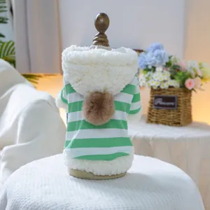 Striped pet hoodie with green and white knit fabric featuring a plush lining and pom-pom