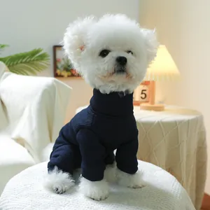 Close-up of navy blue ribbed knit dog sweater showing texture and snug high neck fit