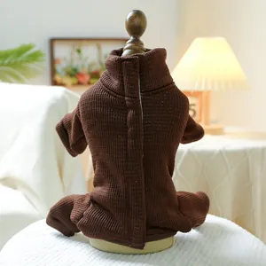 Brown waffle knit pet sweater for small dogs and cats with high neck and back opening