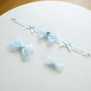 Sky blue Lolita style pet accessory set with lace headband and ribbon hair clips