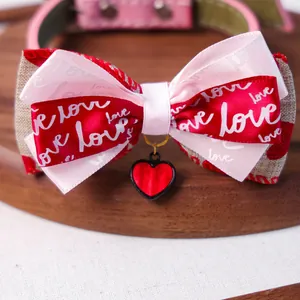 Détail du nœud de collier pour animaux avec motif love et pendentif cœur rouge