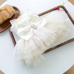 Detail of luxury cream pet wedding dress with satin bow, feathers and crystal rhinestones